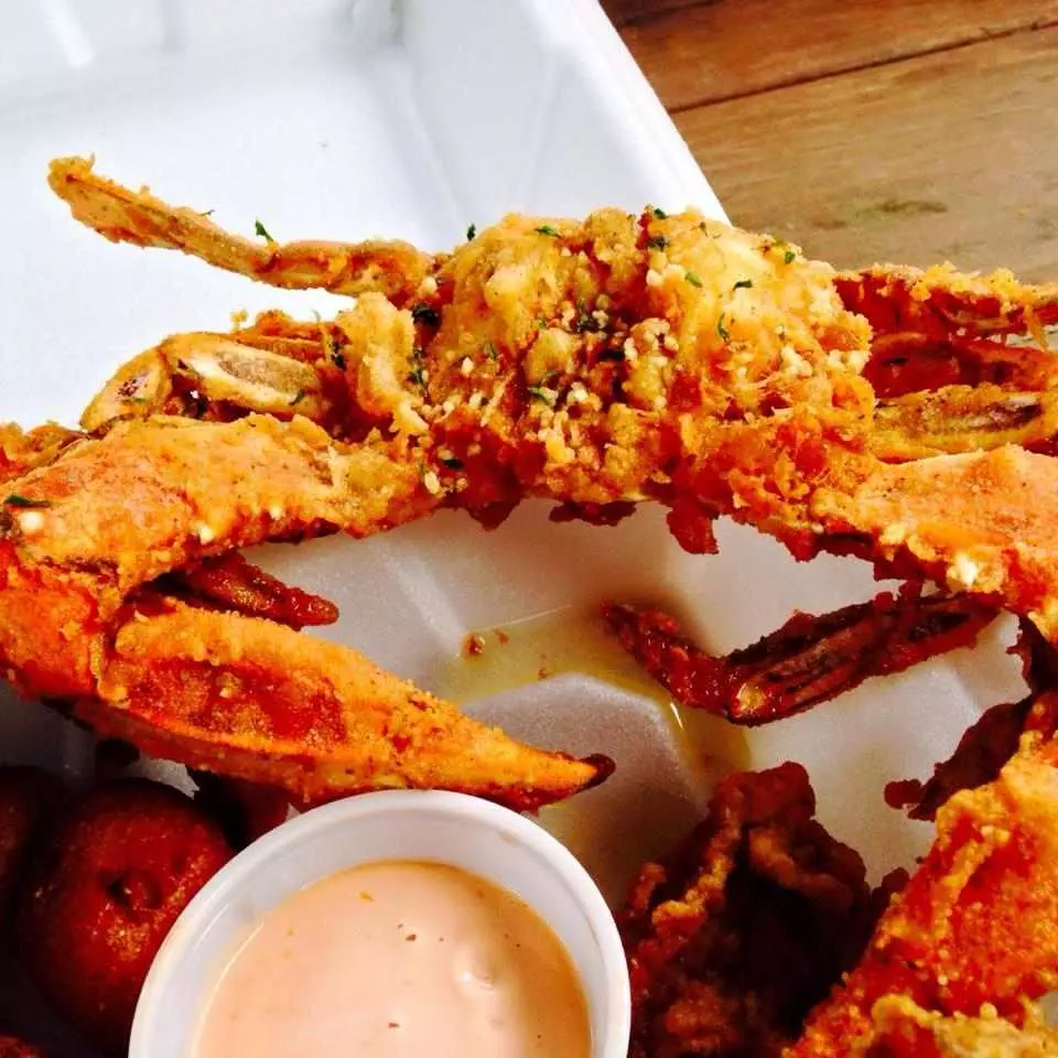 Fried soft-shell crab with hushpuppies and dipping sauce from Flowers Seafood Company on Edisto Island