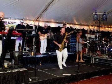 Band performing on a tented stage at the Edisto Beach Shag Festival