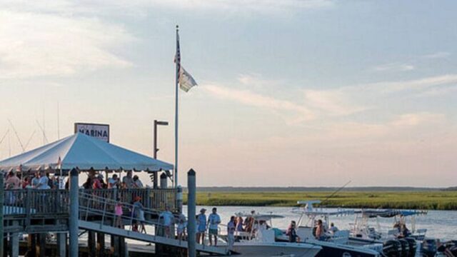 Boats tied up at the marina docks on Big Bay Creek, Edisto