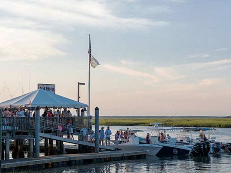 Boats tied up at the marina docks on Big Bay Creek, Edisto