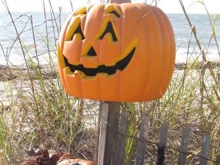 Carved jack-o’-lantern sitting on a wooden fence
